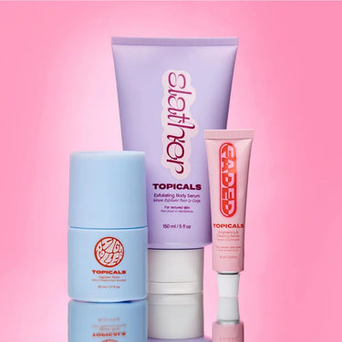 Natural extracts for acne featured in Topicals skincare products displayed against a pink background for textured and breakout-prone skin